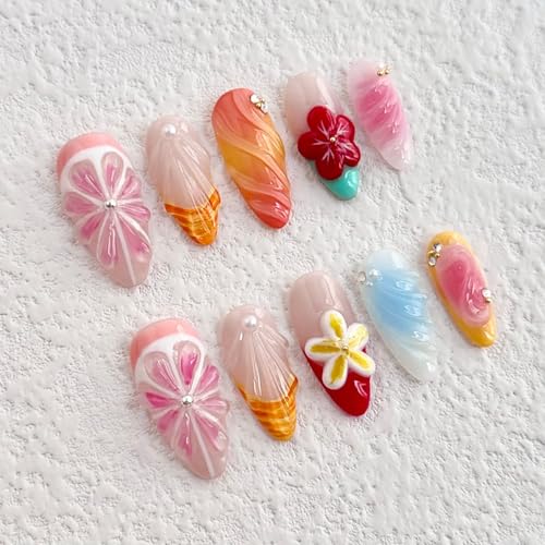 Luxury Press on Nails Medium Almond Handmade 3D Unique Reusable ABS Material Fake Nails Pink Grapefruit False Nails with Designs Shell Red Flower Art Petal Glossy Glue on Nails Thick Acrylic Nails(M) - color: N01, size: M