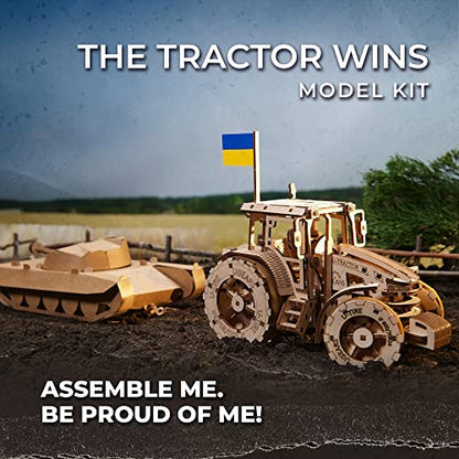 UGEARS The Tractor Wins Model Kits - Spring - Driven Model Tractor Kits to Build with Folding Paper Tank - 3D Wooden Tractor Model Kit for Self - Assembly - Mechanical 3D Puzzles for Adults and Kids
