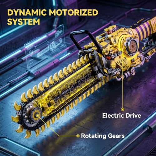 Mechanical Chainsaw Building Kit, 1096 Pcs Motorized Rotating Chain Model with 2-in-1 Manual & Electric Gear Drive, LED Lights, STEM Engineering Toy Gift for Adults Teens & Kids 8+