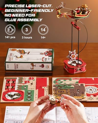 ROKR 3D Wooden Puzzle Santa on Sleigh Gravity Swing Series Wooden Model Kits DIY Dynamic Balance Christmas Decor,Mechanical Model Building Kit, for Teens and Adults - style: Santa on Sleigh