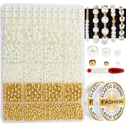 Hpebl Pearl Bracelet Beads Making Kit Gold Beads for Bracelets for Adult - color: 01-Gold & Off-White