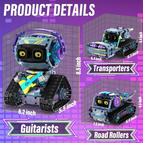 STEM Robot Building Kit 3 in 1 Guitarists Transporters Road Rollers Remote & App-Controlled Tracked Robotic Blocks Toys Set with LED Eyes & Sound Christmas Birthday Gifts for Boys Girls Age 6+ 433 Pcs - color: Blue