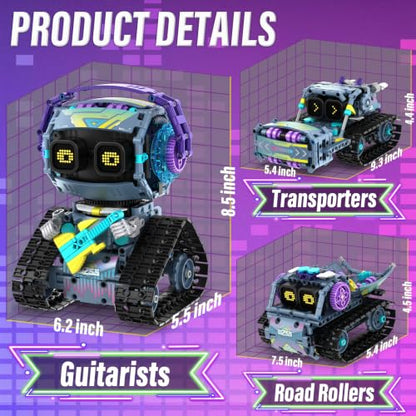 STEM Robot Building Kit 3 in 1 Guitarists Transporters Road Rollers Remote & App-Controlled Tracked Robotic Blocks Toys Set with LED Eyes & Sound Christmas Birthday Gifts for Boys Girls Age 6+ 433 Pcs - color: Blue