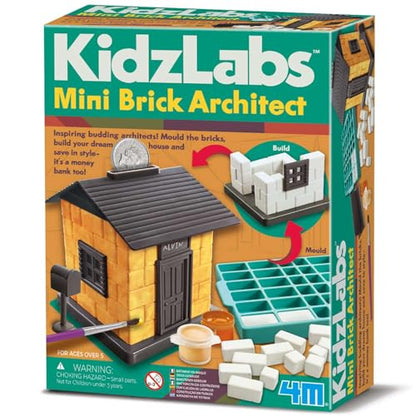 4M Mini Brick Architect Kit for Kids Ages 8-12 – Build a Brick House Money Bank, Mould 2 Sets of Plaster Bricks, STEM Construction Set with Trowel, Paint, Door, Windows, Roof, Educational Gift