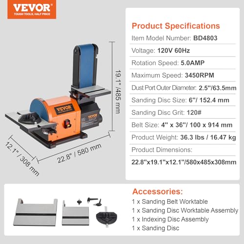 VEVOR Professional 4 x 36 in. Belt Sander with 8" Disc Sander, 5A Induction Motor Cast Aluminum Worktable for Woodworking, Metalworking - size: 8" Disc & 4" x 36" Belt Sander Combo