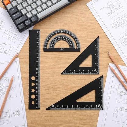 Metal Geometry Set 4 PCS Aluminum Triangular Ruler Set Geometry Math Drafting Ruler Kit Includes Protractor Triangle Rulers Straight Rulers for Math Drawing Drafting Art School Office Supplies (Black)