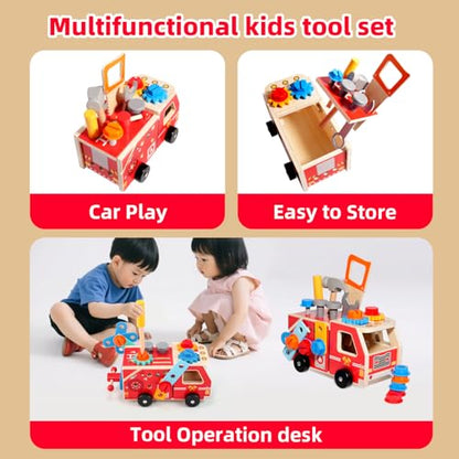 GAIETYDIY Toddler Kids Tool Set - Wooden Tools with Firetruck Shaped Box - color: Truck