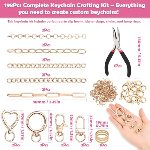 selizo 198Pcs Charms Lip Gloss Keychain Making Kit, DIY Craft Supplies with Charms, Key Chain Hooks, Jump Rings, Lobster Clasps, Chains & Tools, Jewelry Making Kit for Custom Keychains, Bags, Gifts - color: Gold-198Pcs Kit