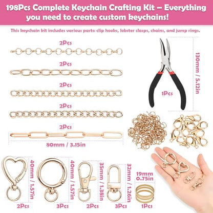 selizo 198Pcs Charms Lip Gloss Keychain Making Kit, DIY Craft Supplies with Charms, Key Chain Hooks, Jump Rings, Lobster Clasps, Chains & Tools, Jewelry Making Kit for Custom Keychains, Bags, Gifts - color: Gold-198Pcs Kit