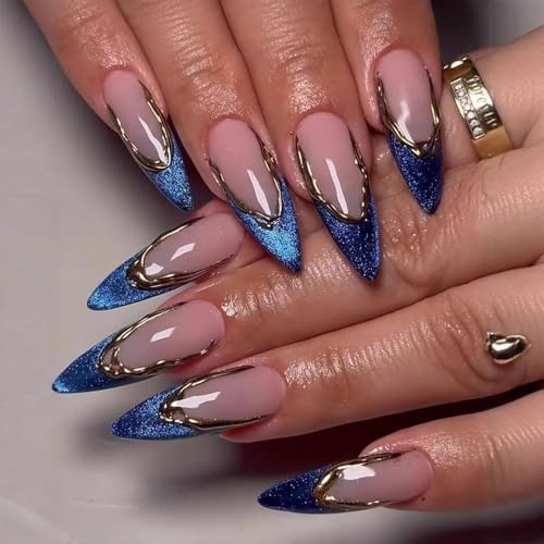 Stiletto Press on Nails Medium Blue Fake Nail Golden Embossed Acrylic Nail Press ons Cat Eye Stick on Nail for Women 24pcs - color: Color37