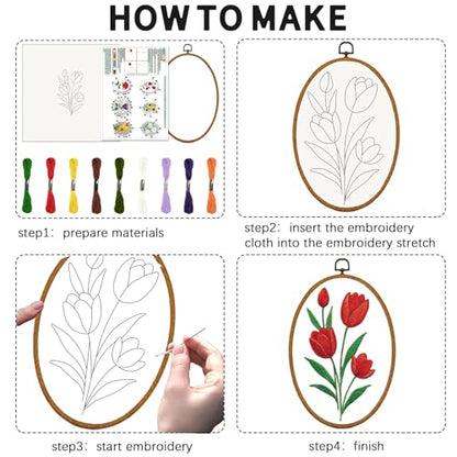 INFUNLY 6 Pack Elliptical Shape Embroidery Starter Kit for Beginners Flowers DIY Embroidery Kits for Adults Sunflower Rose Stamped Needlepoint Set with Step-by-Step Instructions Craft Lover Gift - style: Elliptical