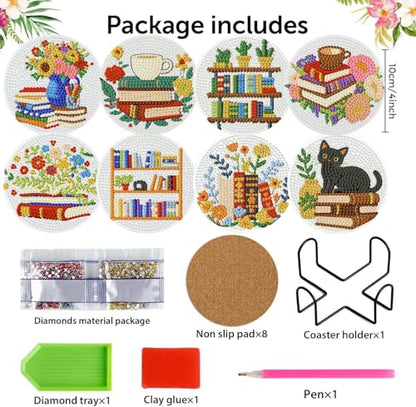 8 Pack Diamond Art Coasters,Bookshelf Diamond Painting Coasters Kits - color: Bookshelf Coasters-a