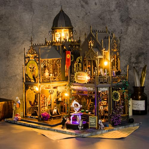 Plustopoy DIY Miniature House Kit: 3D Wooden Puzzle Miniature Kit with LED Lights, Small Tools & Music Box, Tiny House Diorama Building Kit for Adults Teens, Mini Wooden Dollhouse Creative Gift - style: Hhuoluo Magic Castle