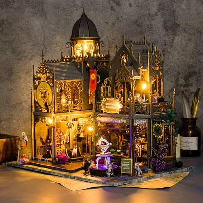 Plustopoy DIY Miniature House Kit: 3D Wooden Puzzle Miniature Kit with LED Lights, Small Tools & Music Box, Tiny House Diorama Building Kit for Adults Teens, Mini Wooden Dollhouse Creative Gift - style: Hhuoluo Magic Castle