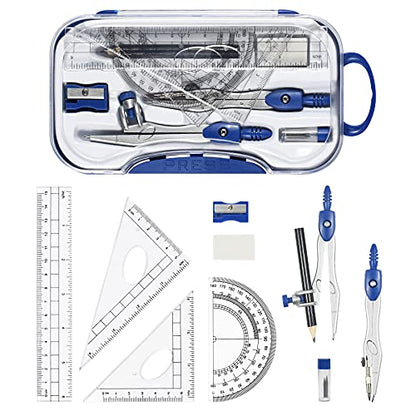 Unjoo Geometry Set 10 Pcs Student Supplies,Protractor and Compass,Navy Blue - color: Navy Blue