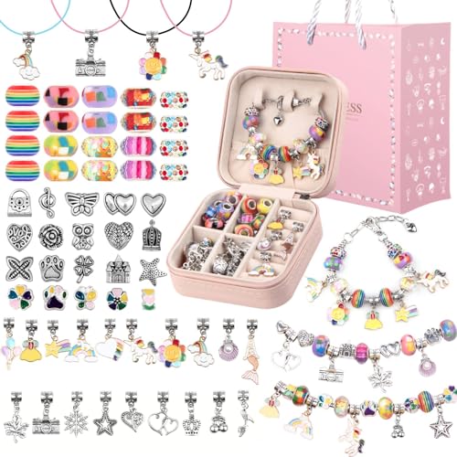 UFU Charm Bracelet Making Kit, Jewelry Making Kit Craft Gift for Girls 5 6 7 8-12, A Sweet Birthday Gift to Inspire Imagination & Creativity, with Portable Jewelry Box - color: A-Rainbow
