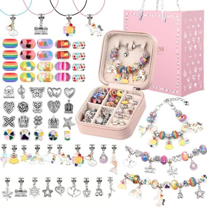 UFU Charm Bracelet Making Kit, Jewelry Making Kit Craft Gift for Girls 5 6 7 8-12, A Sweet Birthday Gift to Inspire Imagination & Creativity, with Portable Jewelry Box - color: A-Rainbow