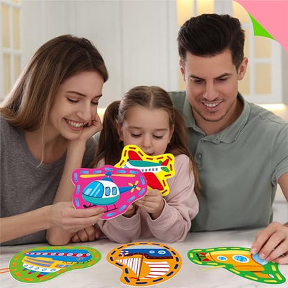 SpriteGru 9 Pieces Kids Lacing Cards, Double Sided Vehicle Sewing Cards with 9 Colorful Laces, Imagination Development Lacing Toys Games for Children Educational and Learning Activity - color: Vehicle-B