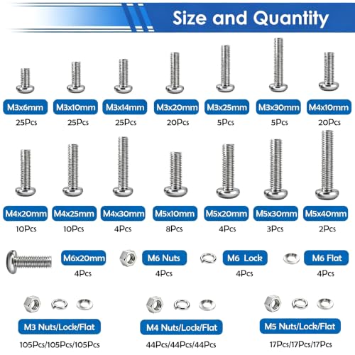 smseace 680Pcs Nuts and Bolts Assortment Kit 27-Sizes M3/M4/M5/M6 Nut Bolt Washer Assortment Kit for Machinery, Furniture, Automotive, Motorcycle Repairs - color: Silver, size: 516Pcs M3-M6
