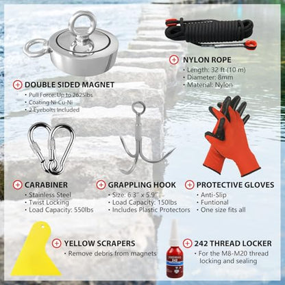 FINDMAG 2625 LBS Fishing Magnet, 4.57 Inch Double Sided Fishing Magnet Kit - color: Black Kit Double Hole, size: 4.57 inches(116mm)-2625lb