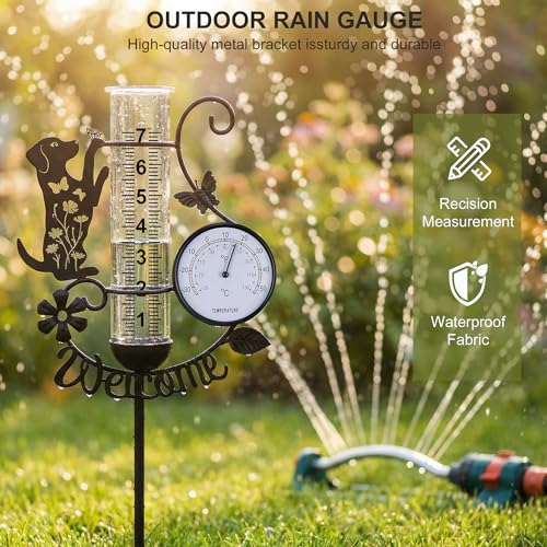 37.8" Rain Gauge Outdoor with Thermometer, Cute Dog Garden Rain Gauges - color: Black - Dog