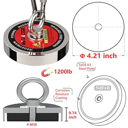 MUTUACTOR Fishing Magnet Kits Heavy Duty,1400lb Φ4.21'' Super Strong Noedymium Rare Earth Magnets with 65Ft Rope,Anti-Slip Gloves,Waterproof Bag,Plastic Scraper for Retrieving Treasure in Rivers - style: 1400lb Magnet--Φ 4.21"