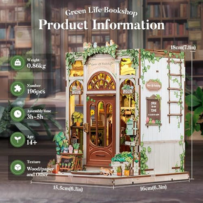 Fsolis Book Nook Kit Miniature House Green Life's Bookshop - color: Green Life's Bookshop