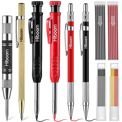 Hiboom 10 Pack Mechanical Carpenter Pencils Set with Sharpener & 36PCs 2.8mm Refills, Deep Hole Marker Pen, Automatic Center Punch, Carbide Scribe Tool, Heavy Duty Construction Pencil for Architect