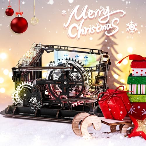 3D Wooden Puzzle Marble Run Mechanical Model Kit with LED Lights for Adults - style: Marble Run with LED Light