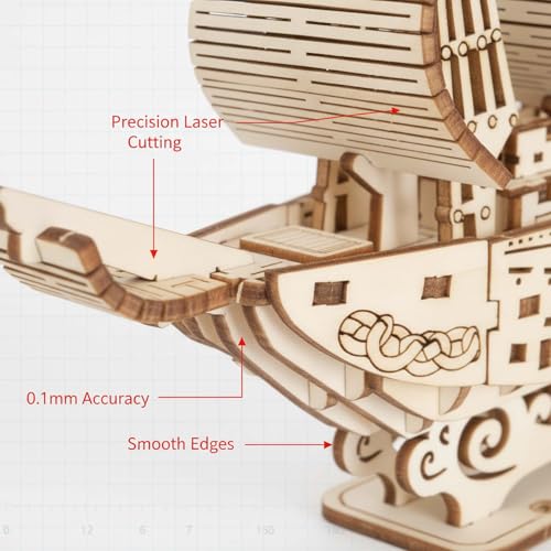 3D Pirate Ship Puzzle Wooden Model Kit, Birch Material, 52 Pieces, Easy Assembly Desk Decoration, DIY Home Decor & Small Gift, Includes Display Stand, 6.1" Tall, Ages 14 and Up