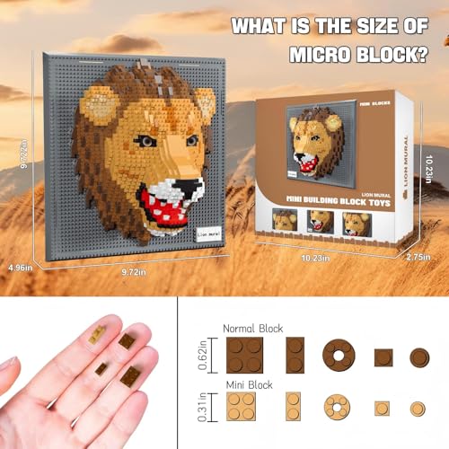 3D Lion Animal Wall Art Micro Mini Building Blocks Set for Adults, No Compatible with Lego, Unique Table Display & Home Wall Decor, Creative Toy Gift for Chritsmas Birthday (2005 PCS) - style: Lion