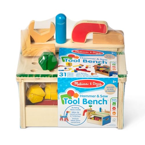 Melissa & Doug Hammer and Saw Tool Bench - Wooden Building Set (32 pcs),Multicolor,1Size