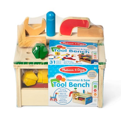 Melissa & Doug Hammer and Saw Tool Bench - Wooden Building Set (32 pcs),Multicolor,1Size
