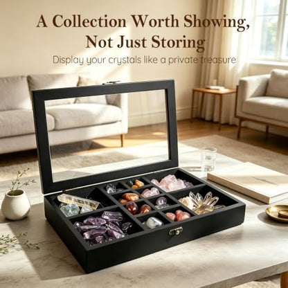 Adjustable Rock Collection Box, Wood Crystal Display Case for Gemstone - color: Black