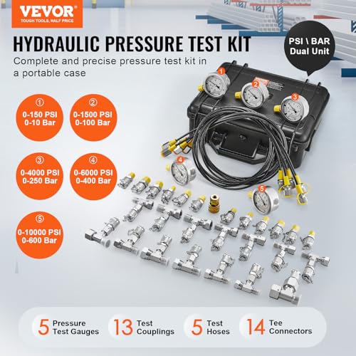 VEVOR Hydraulic Pressure Test Kit, 10/100/250/400/600bar, 5 Gauges 13 Test Couplings 14 Tee Connectors 5 Test Hoses, Hydraulic Gauge Kit with Sturdy Carrying Case, for Excavator Construction Machinery - style: 5 Gauges 13 Couplings