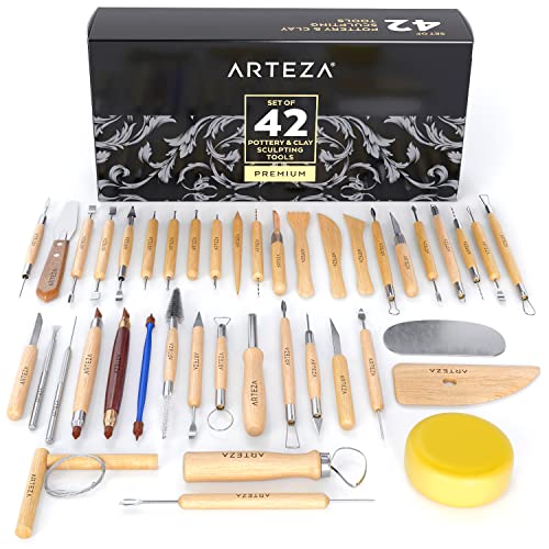 Arteza Pottery & Polymer Clay Tools, 42-Piece Sculpting Set, Steel Tip Tools with Wooden Handles, for Pottery Modeling, Smoothing, Carving & Ceramics - size: Set of 42