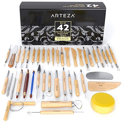 Arteza Pottery & Polymer Clay Tools, 42-Piece Sculpting Set, Steel Tip Tools with Wooden Handles, for Pottery Modeling, Smoothing, Carving & Ceramics - size: Set of 42