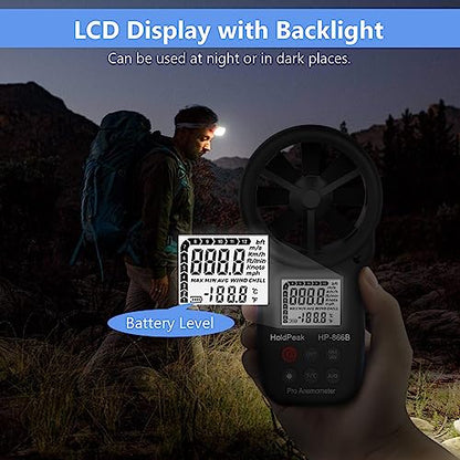 HoldPeak Handheld Anemometer Bluetooth, Digital Wind Speed Gauge Meter, Air Flow Velocity Temperature CFM Measuring Device for HVAC Outdoor Sailing Shooting Golf, 866B-APP - color: 866B-APP (1 PC)