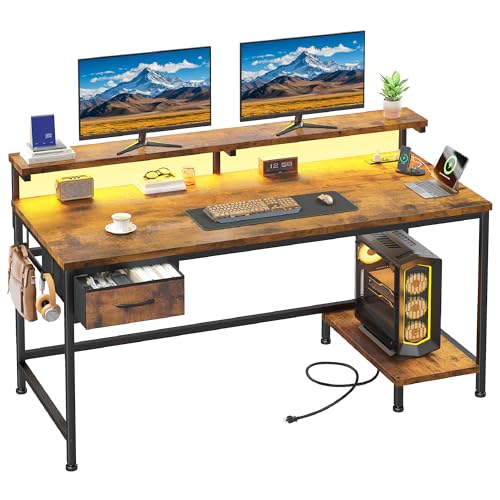 DurayLoly 39.3" Office Desk with Power Outlet & Fabric Drawer,Rustic Brown - color: Rustic Brown, size: 39.3 IN
