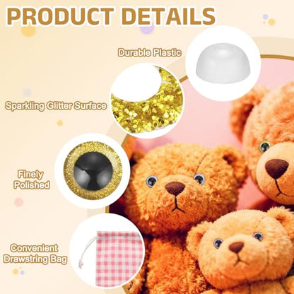 MECCANIXITY 12 Pcs Glitter Safety Eyes, 9mm Plastic 3D Crochet Doll Eyes with Washers and Drawstring Bag for Puppet Bear DIY Crafts Stuffed Animals Making Supplies, Gold - color: Gold