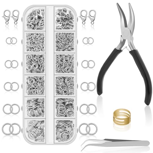 Anezus 1200PCS Jump Rings for Jewelry Making Kit, Jump Rings and Necklace Clasps with Jump Ring Pliers Tools for Jewelry Making Supplies and Necklace Repair (Silver) - color: Silver