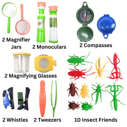 Gosu Toys Critter Cage Bug Catcher with Tools Set - Cage, Tweezers, Magnifying Glass, Compass, Whistle, Monocular, Magnifier Jar ((2 Pack))