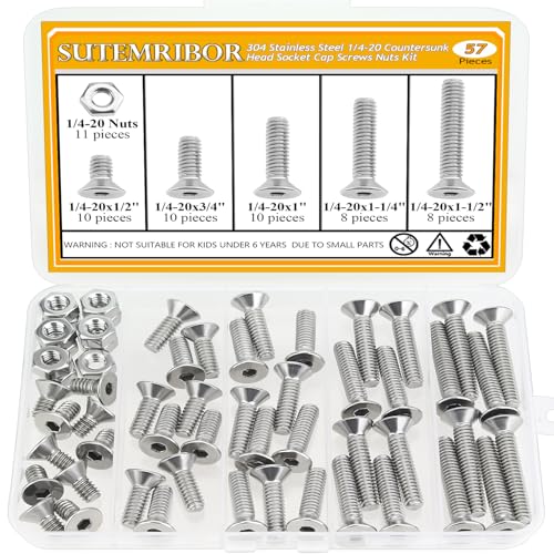 57 Pieces 1/4-20 x 1/2", 3/4", 1", 1-1/4", 1-1/2", Countersunk Head Socket Cap Screws Nuts Assortment Kit - size: 1/4"-20, style: Countersunk Head Socket Cap