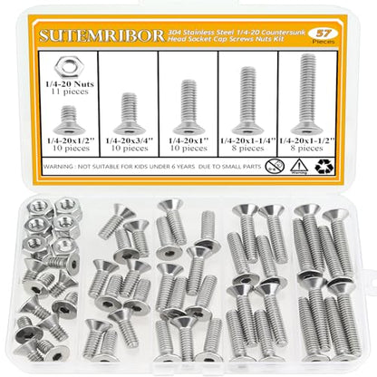 57 Pieces 1/4-20 x 1/2", 3/4", 1", 1-1/4", 1-1/2", Countersunk Head Socket Cap Screws Nuts Assortment Kit - size: 1/4"-20, style: Countersunk Head Socket Cap