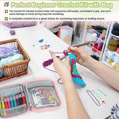 Katech Crochet Hooks Set with Case, 73-Piece Crochet Hooks Kit Knitting Accessories Ergonomic Aluminum Alloy Crochet Hook Colorful Crochet Needles for Making Socks, Gloves, Bag, Hat, Sweaters - color: Flowers Pattern
