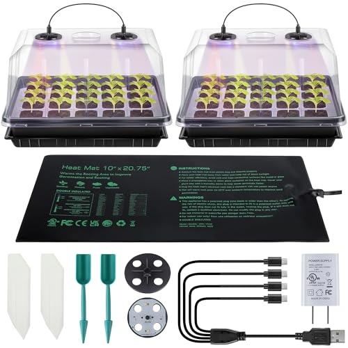 2 Sets 60-Cell Seed Starter Trays with Grow Lights, Heat Mat and Dome