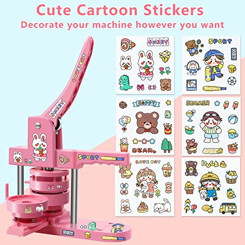Happizza Button Maker Machine Multiple Sizes, Pin Maker Machine 1+2.25 inch, Badge Button Press Machine with Cute Stickers and 200 Sets Button Making Supplies&Circle Cutter for Girls Women(Pink) - size: Pink 1+2.25 inch (200 Sets)