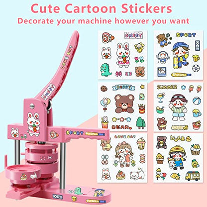 Happizza Button Maker Machine Multiple Sizes, Pin Maker Machine 1+2.25 inch, Badge Button Press Machine with Cute Stickers and 200 Sets Button Making Supplies&Circle Cutter for Girls Women(Pink) - size: Pink 1+2.25 inch (200 Sets)
