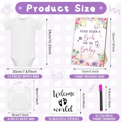 Chuarry 43 Pcs DIY Bibs Decorating Kit 8 Bodysuits 8 Pcs 2 Ply White Bibs 10 Fabric Markers 16 Stencils Baby Shower Sign(Flower) - style: Flower