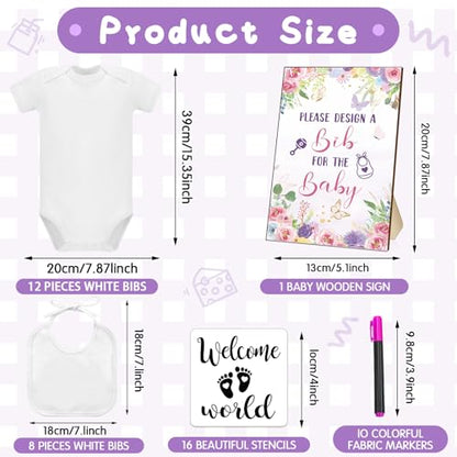 Chuarry 43 Pcs DIY Bibs Decorating Kit 8 Bodysuits 8 Pcs 2 Ply White Bibs 10 Fabric Markers 16 Stencils Baby Shower Sign(Flower) - style: Flower